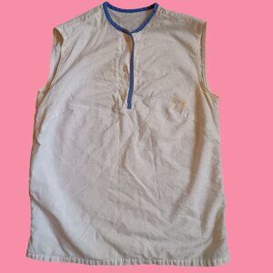 True Vintage Sleeveless Henley Top Small 1960's White Button-Front Blue Trim